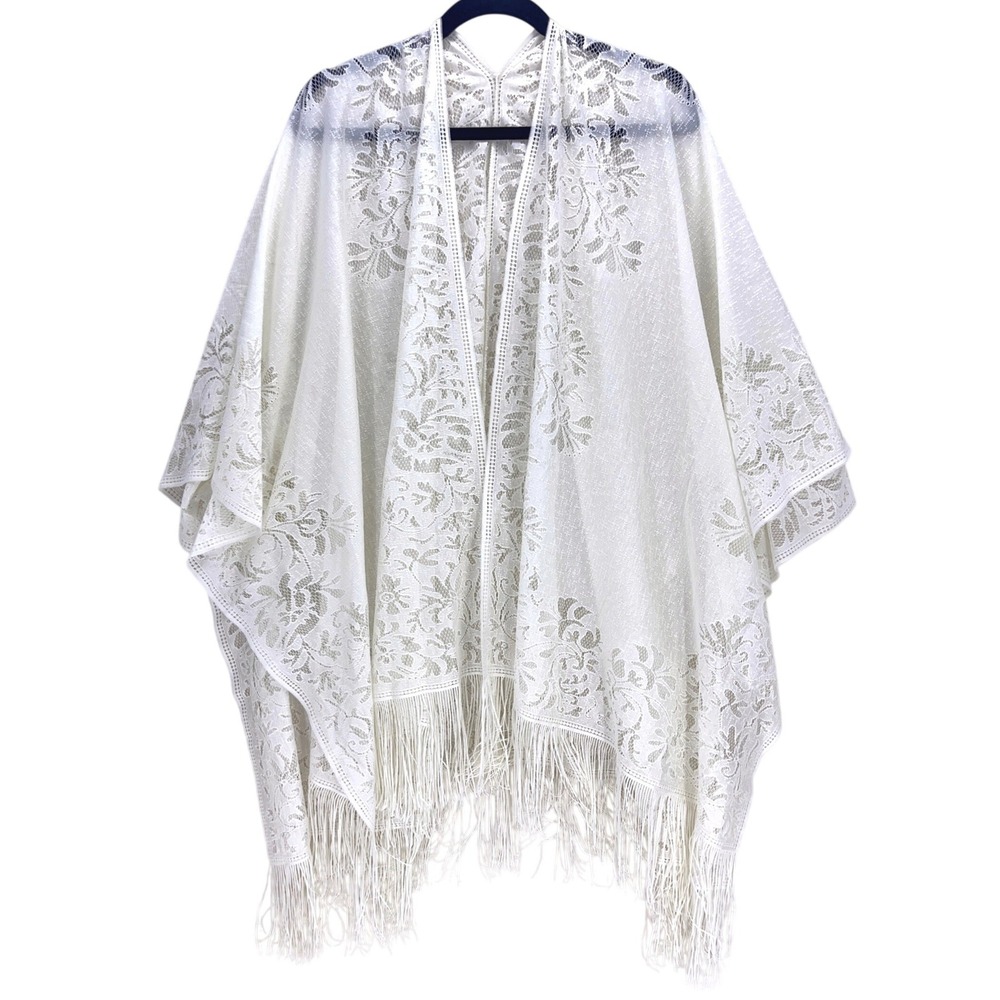 Just Be White Lace Kimono One Size Fringe Floral Open Front Shawl Wrap Cover Up